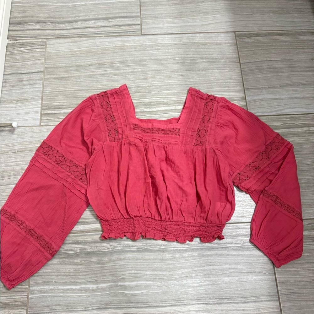 American Eagle Red Boho Square Neck Lace Long Sleeve Crop Top- Size Small